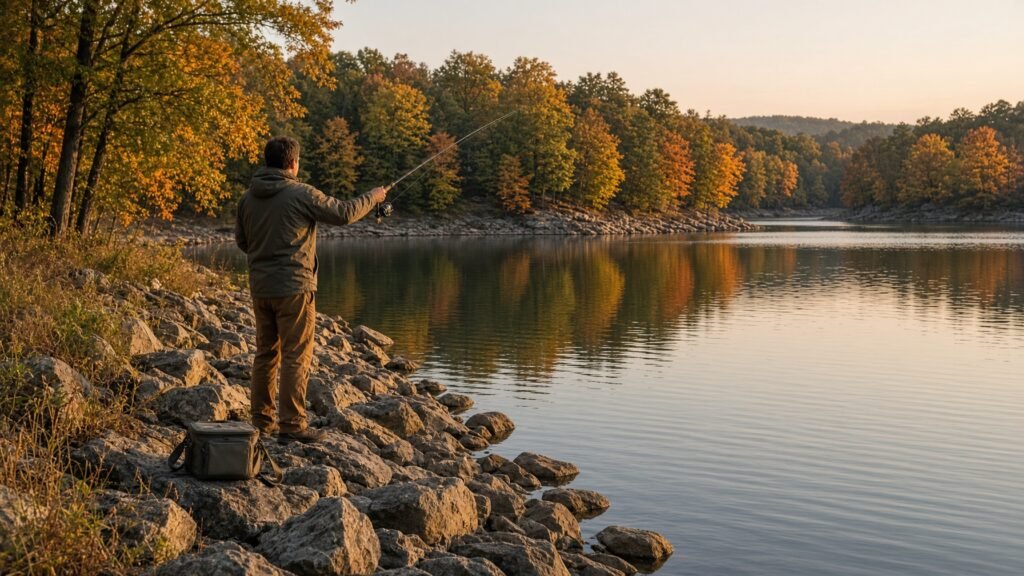 An angler seen from behind casting from a rocky lake bank on a fall evening.