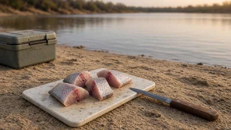 Fresh chunks of cut shad on a small cutting board on a sandy riverbank at dusk.