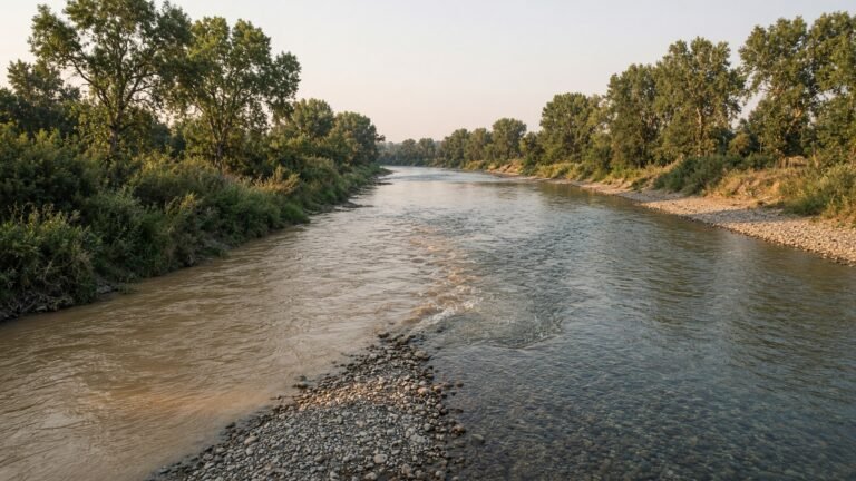 A small creek entering a larger river, with a visible seam where the two currents meet, on a summer evening.