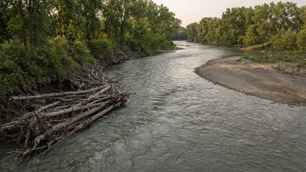 A logjam on the deep outside bend of a North American river on a summer evening.