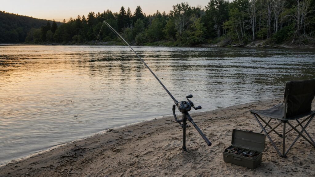 A fishing rod set in a bank rod holder on a sandy riverbank at dusk, line angled into the current.