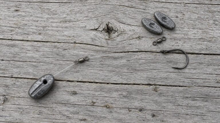 The parts of a catfish slip sinker rig laid out on a weathered wooden board: sinker, swivel, leader and circle hook.