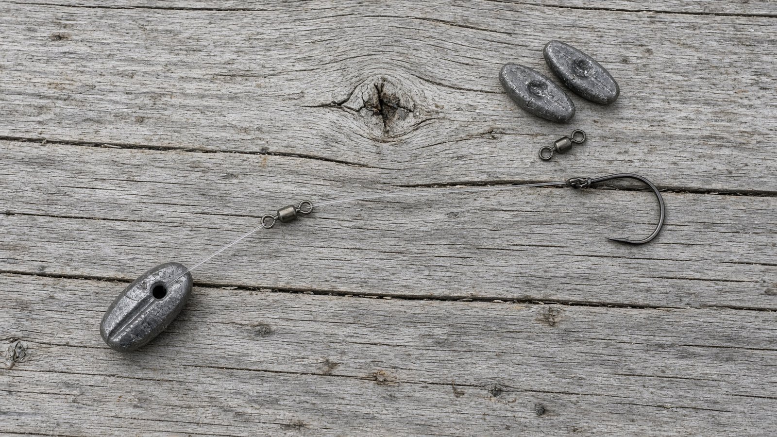 The parts of a catfish slip sinker rig laid out on a weathered wooden board: sinker, swivel, leader and circle hook.