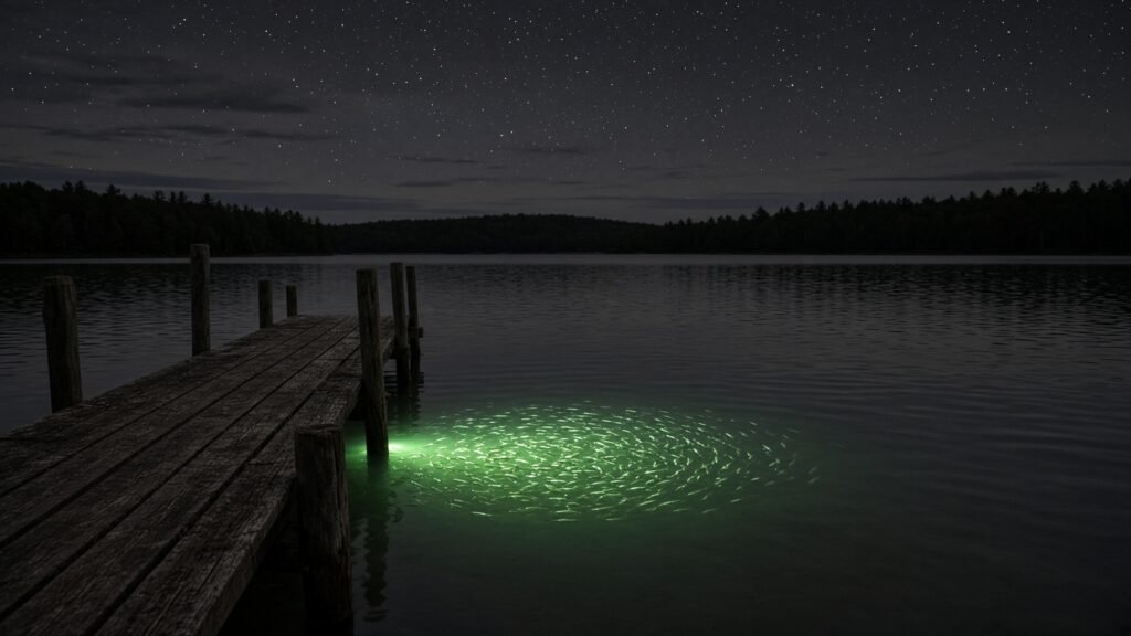 A green underwater light glowing beside a wooden dock at night, drawing a cloud of baitfish.