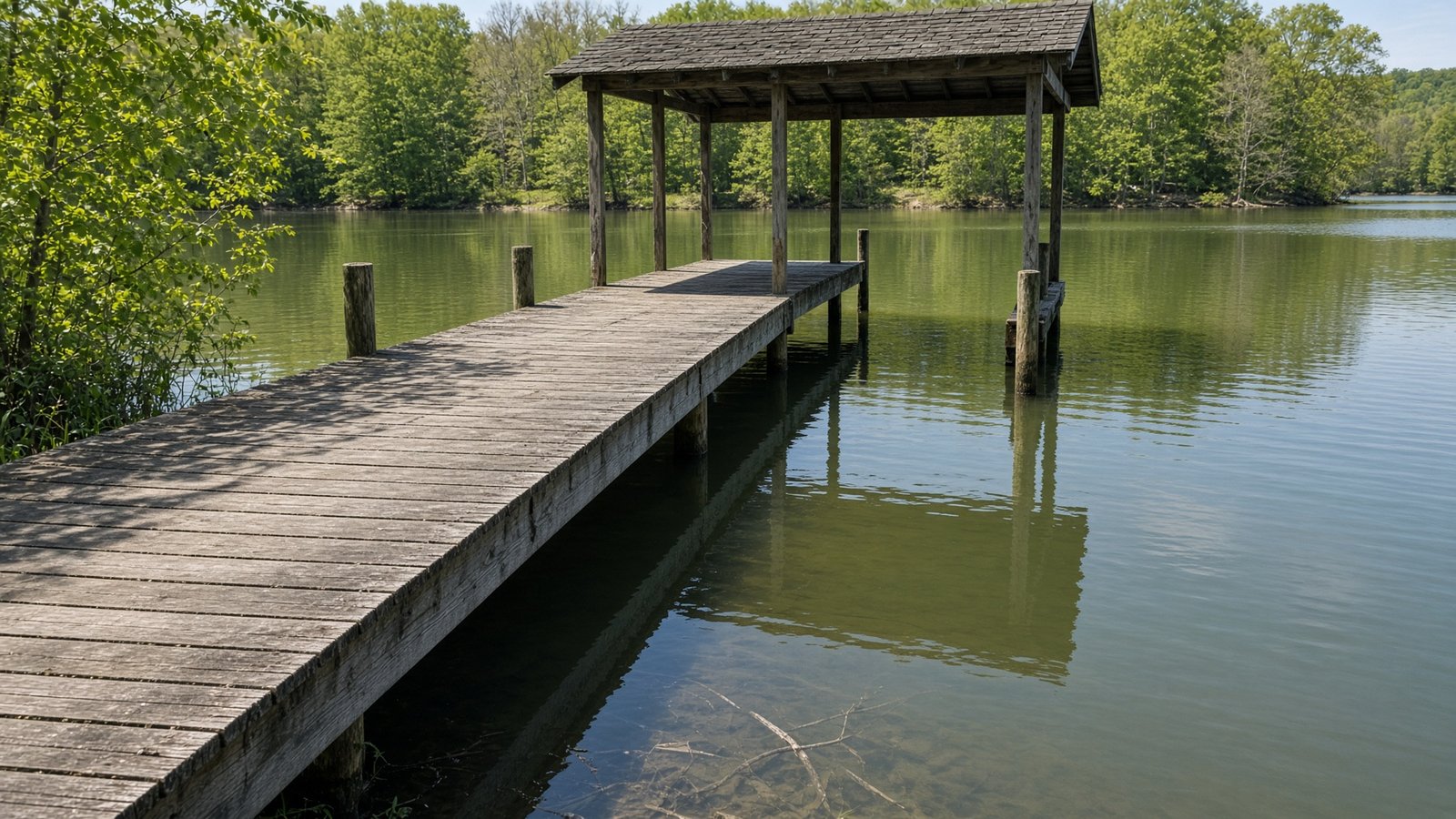 A weathered wooden dock casting deep shade over calm lake water on a sunny late-spring day.