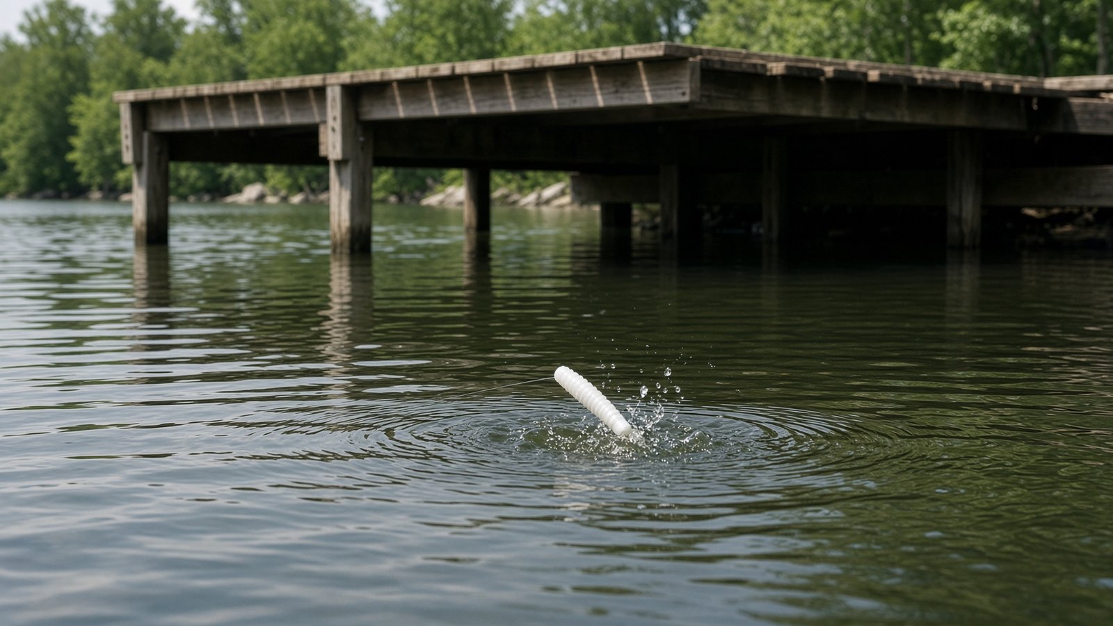 A small crappie jig skipping across calm water toward the dark shade under a dock walkway.
