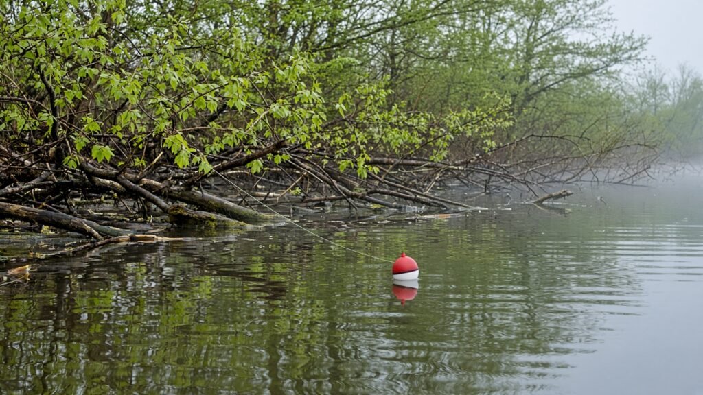 A slip float resting on calm water next to flooded brush along a lake shoreline in spring.