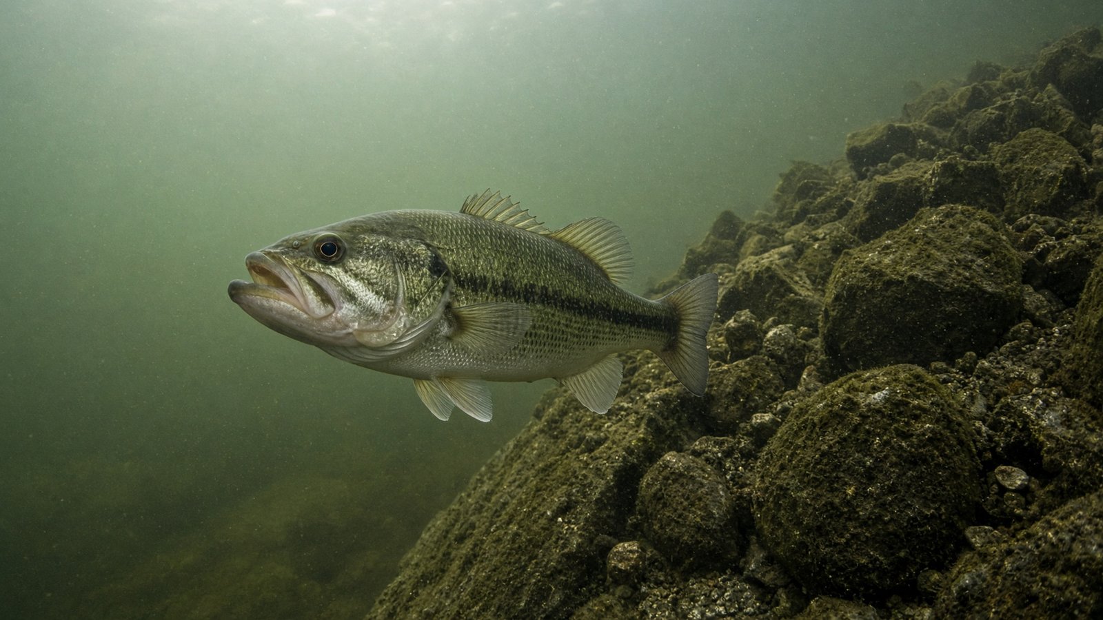 A largemouth bass holding beside a submerged rock pile on the tip of a reservoir point at dawn.