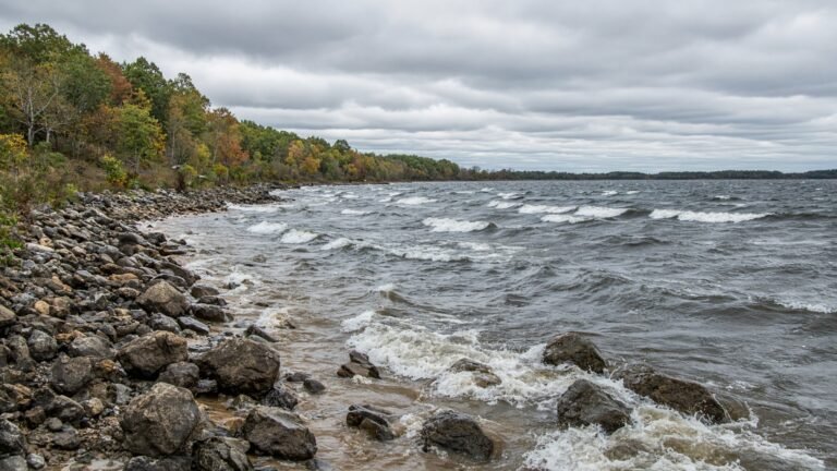 Wind-driven waves breaking against a rocky, stained-water lake bank on an overcast fall day.