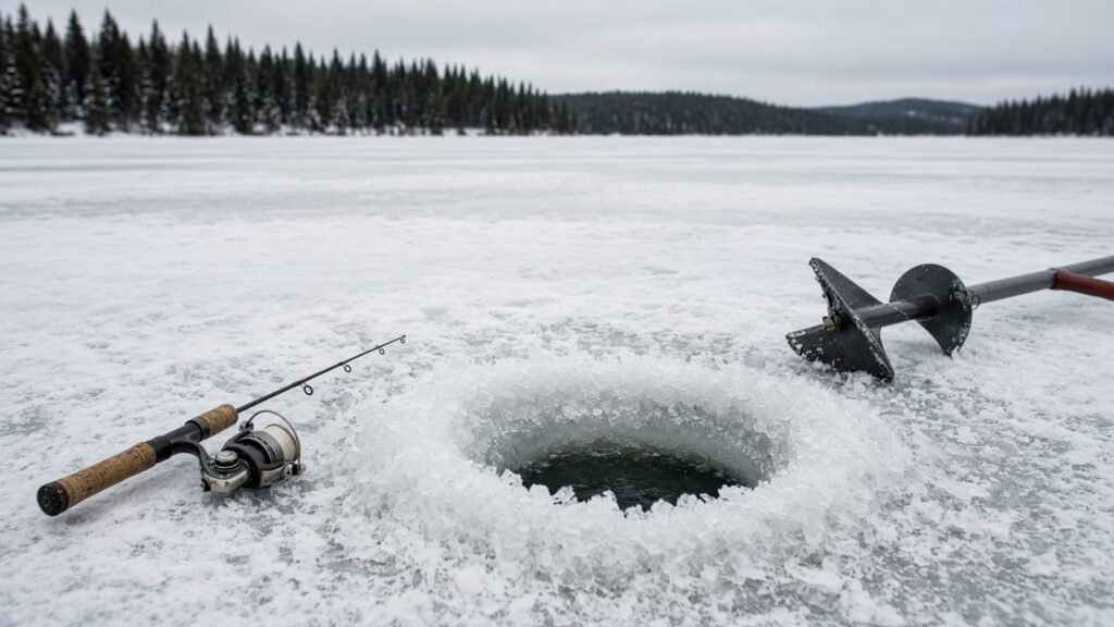 A short ice fishing rod beside a freshly drilled hole on a snow-covered frozen lake.