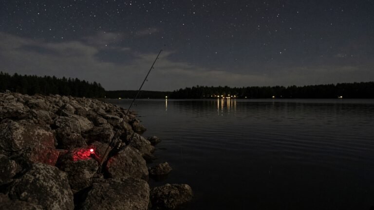 A rocky riprap shoreline on a lake at night, with a fishing rod leaning on the rocks and a faint red headlamp glow.