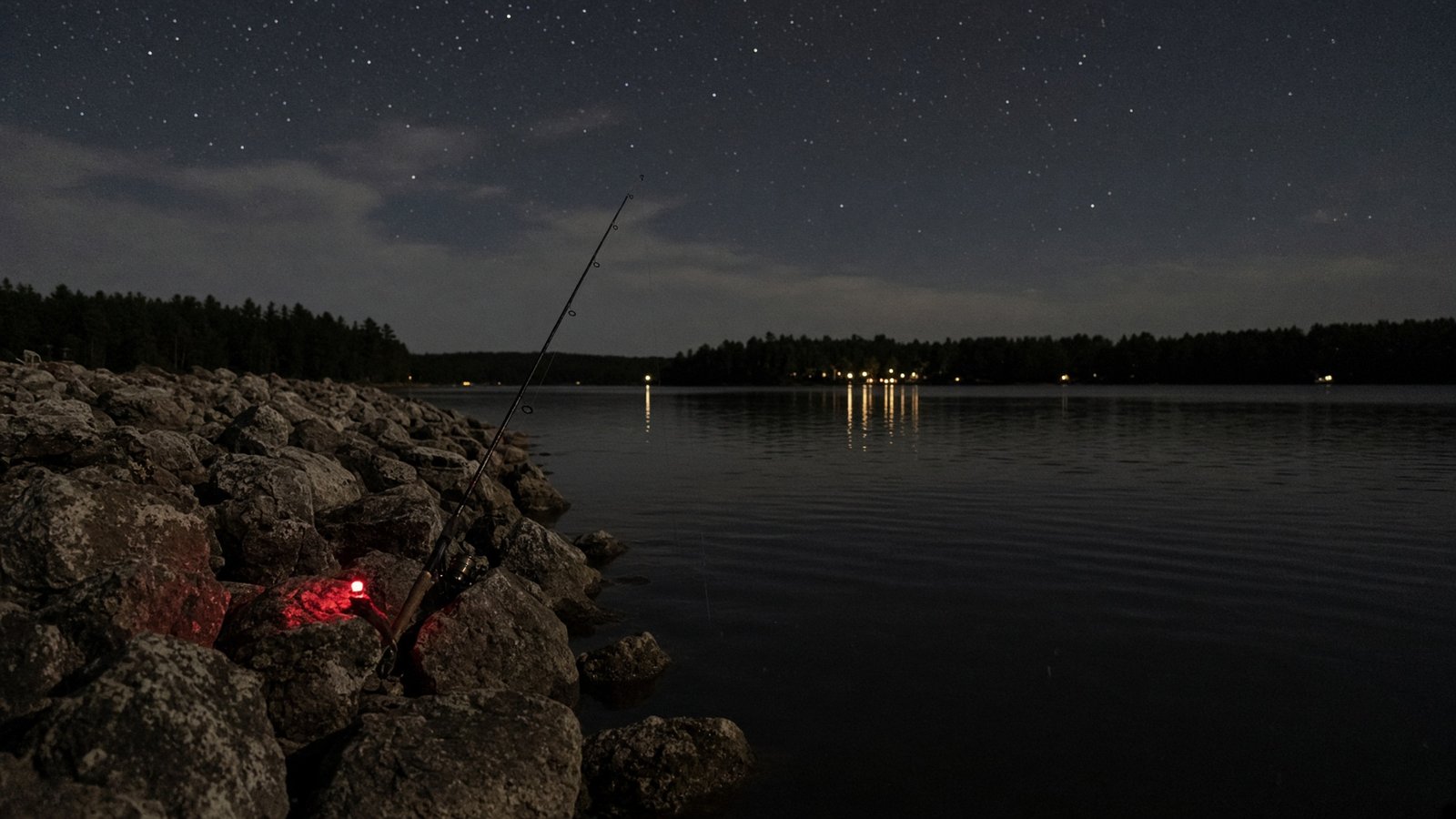 A rocky riprap shoreline on a lake at night, with a fishing rod leaning on the rocks and a faint red headlamp glow.