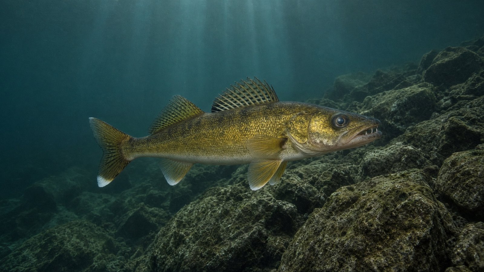 A walleye cruising along a rocky drop-off in dim evening light.