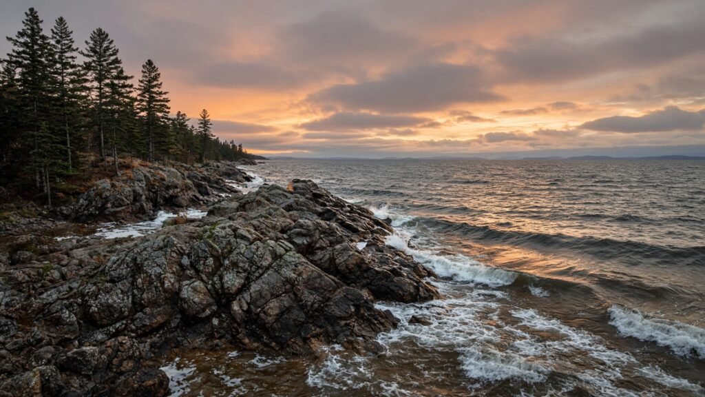 Wind-driven waves washing over a rocky point on a northern lake at sunset.